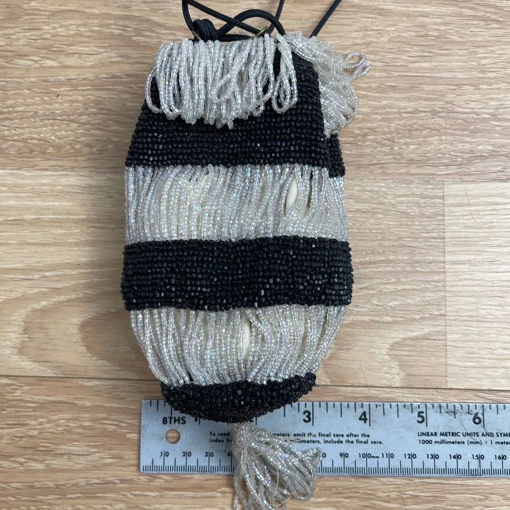Vintage Beaded Drawstring Pouch Bag Black White Striped Tassel Reticule Pouch